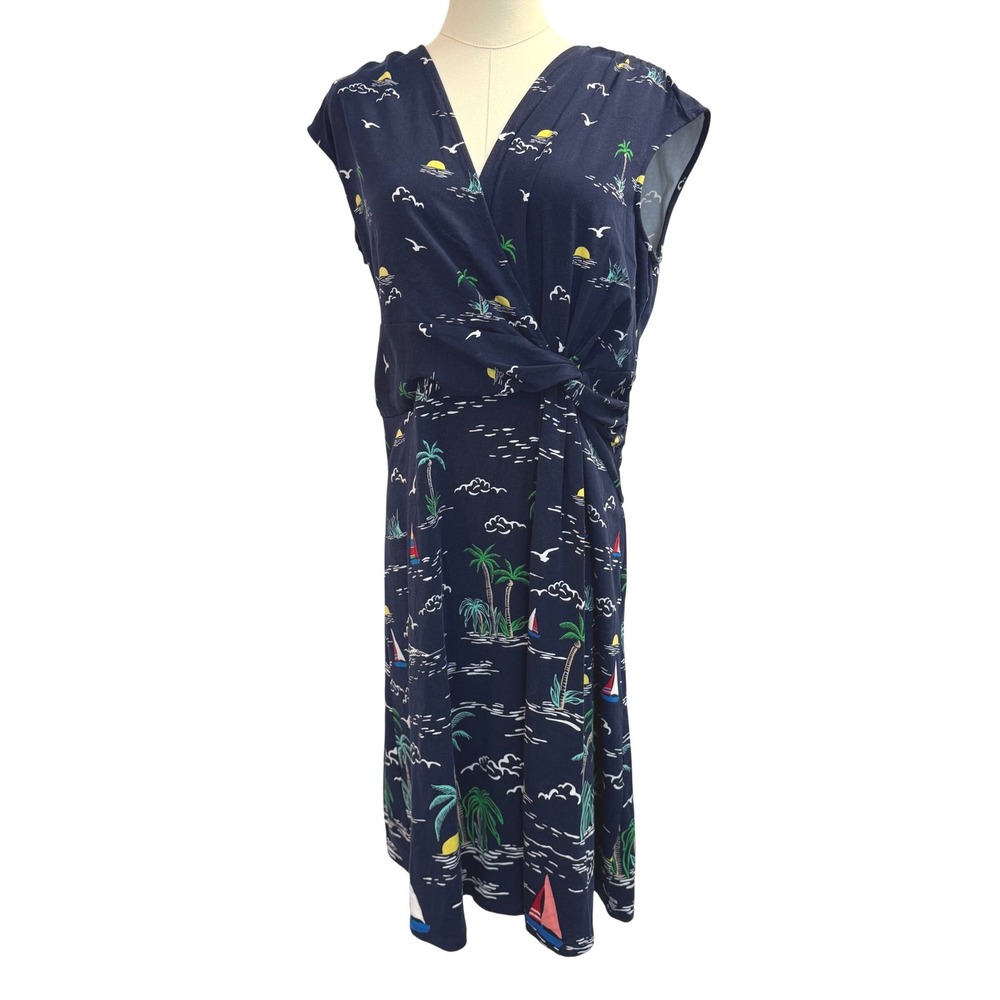 Lands End Navy Tropical Palm Tree Sailboat Twist Front Knit Dress Large 14-16